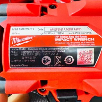 Nhãn kỹ thuật M18 FMTIW2F12-0X0: 18 V, 0–2 575 rpm, 0–3 100 IPM