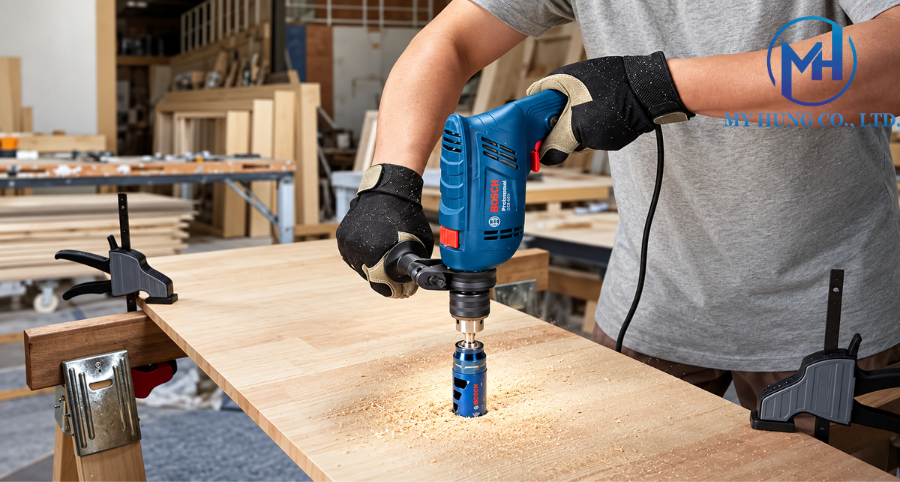 Máy khoan động lực Bosch GSB 600 (bộ hộp công cụ) khoan trên gỗ và kim loại